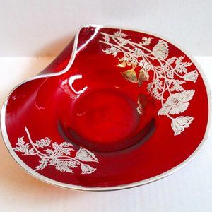 *Vibrant Vintage Red Glass Dish Swirl Foldover with Silver Leaf Overlay